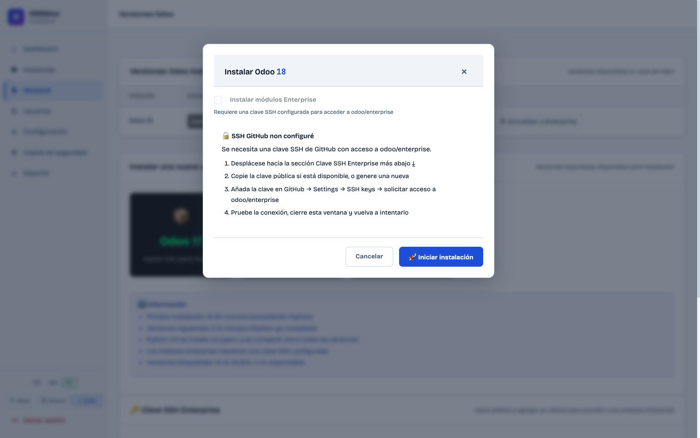 Modal de confirmación de instalación